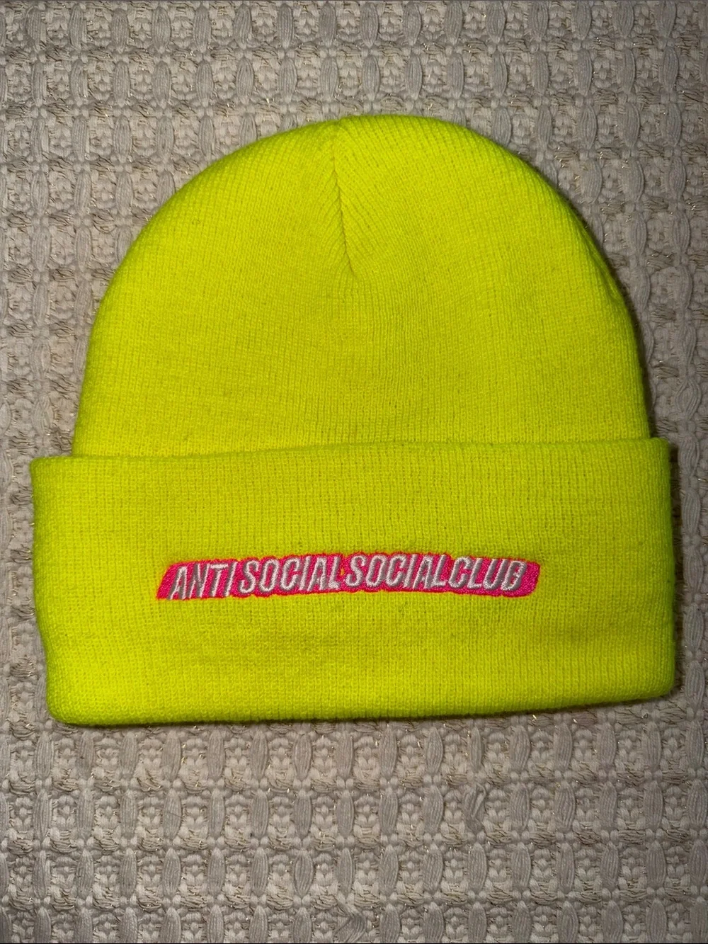 NWOT Anti Social Social Club Neon Yellow Knit Beanie with Pink Embroidered Logo